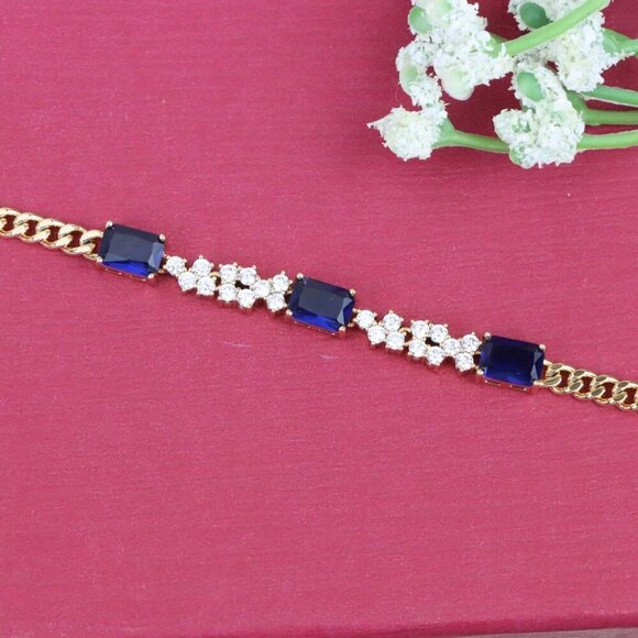 Rose Gold Chain Bracelet with Blue Emerald Cut & CZ, Luxe Contrast Look,XPBL0746 - Picture 12 of 12